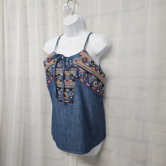 NWT Blu Pepper Blue Red Embroidered Tank Halter Boho Embroidered Hippie M - Picture 5 of 13
